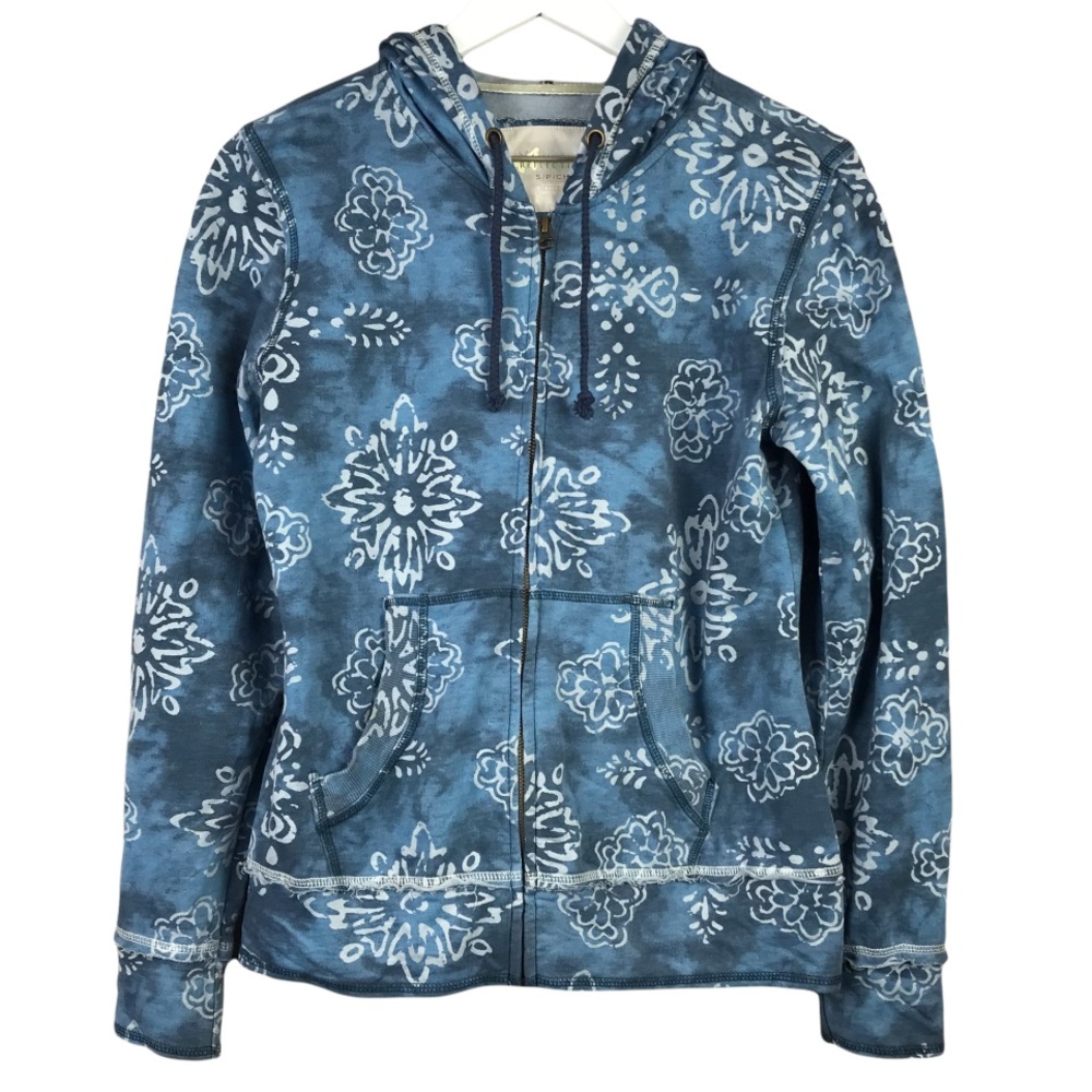 Natural Reflections Blue Floral Full Zip Hooded Cotton Jacket Women Sz S
